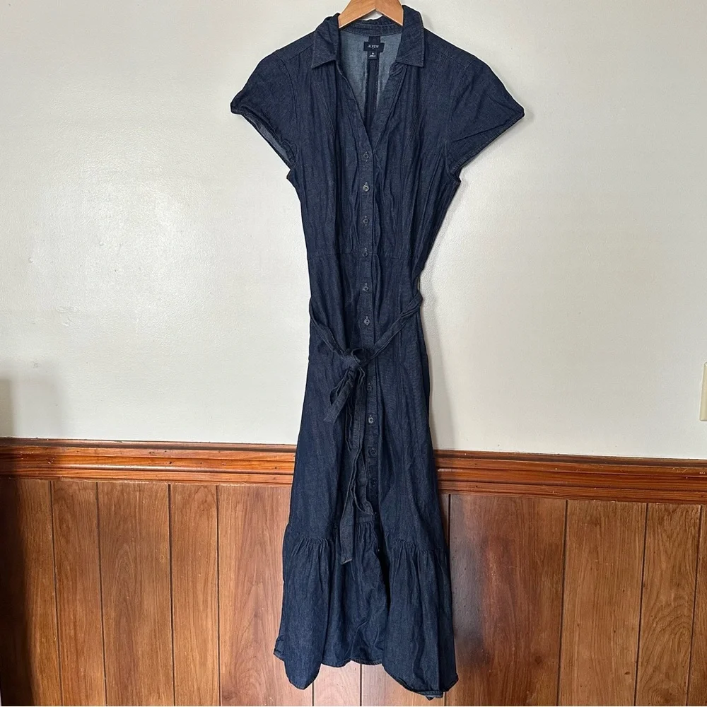 J. Crew Denim Tie Waist Tiered Hem Midi Dress Size 8 Old Money Preppy Minimalist - Picture 5 of 14